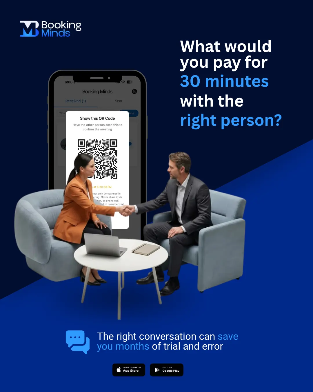 Booking Minds post asking what thirty minutes with the right person is worth, showing a QR check-in between two people meeting.