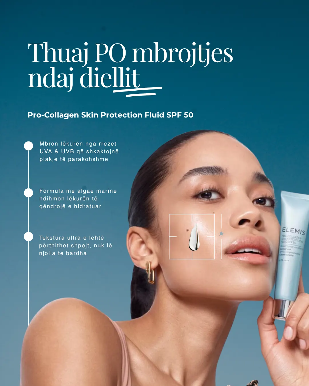 Elemis Pro-Collagen Skin Protection Fluid SPF 50 education post, three benefit points set beside a model holding the tube.