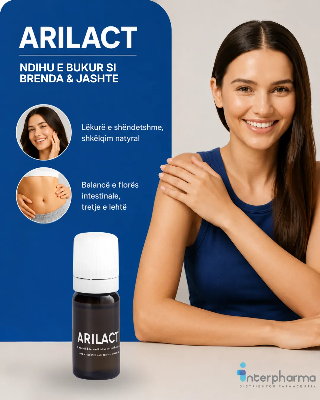 Arilact post headlined “Ndihu e bukur si brenda & jashtë”, benefit circles beside a smiling model and the supplement bottle.
