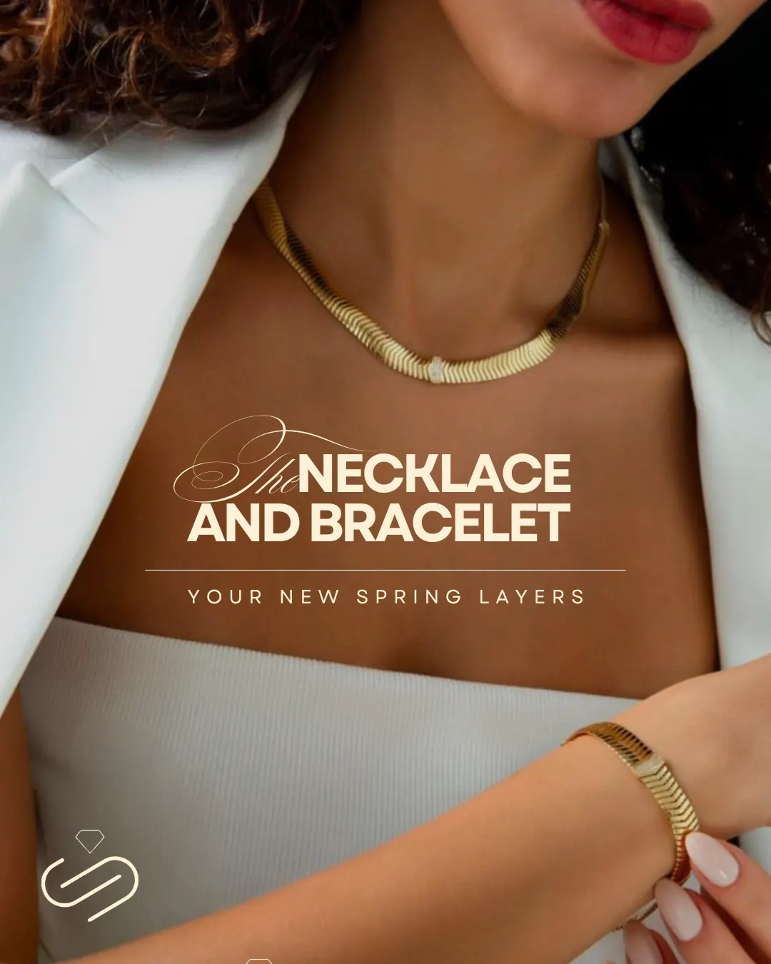 Subashi Jewellery spring campaign frame — a gold herringbone necklace and matching bracelet worn over a white blazer.