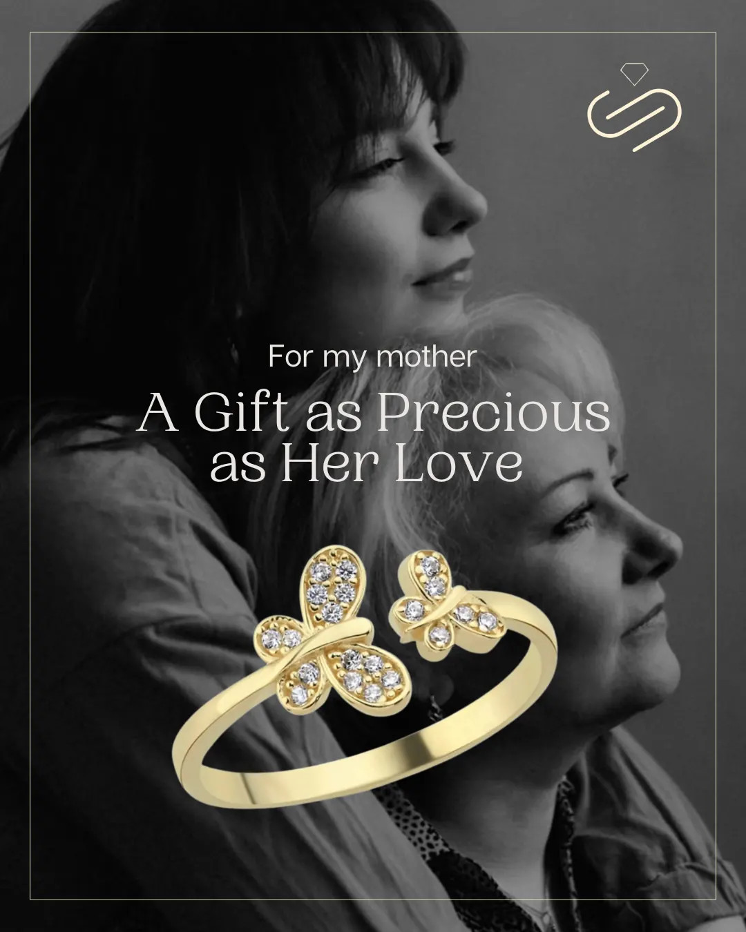 Subashi Jewellery gifting post — a gold butterfly ring set against a black-and-white portrait of a mother and daughter.